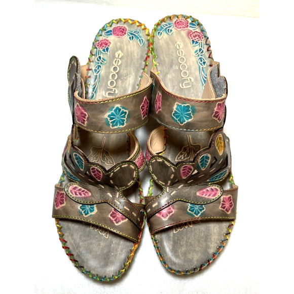 Socofy Wedge Sandals Detailed Cut-Out Leather Women's Sz 11 Retro Artsy - Picture 3 of 10